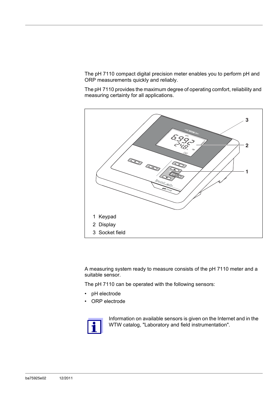 1 overview, 1 ph 7110 meter, 2 sensors | Overview, Ph 7110 meter, Sensors, 1overview | Xylem inoLab 7110 WASTEWATER pH METER User Manual | Page 7 / 52