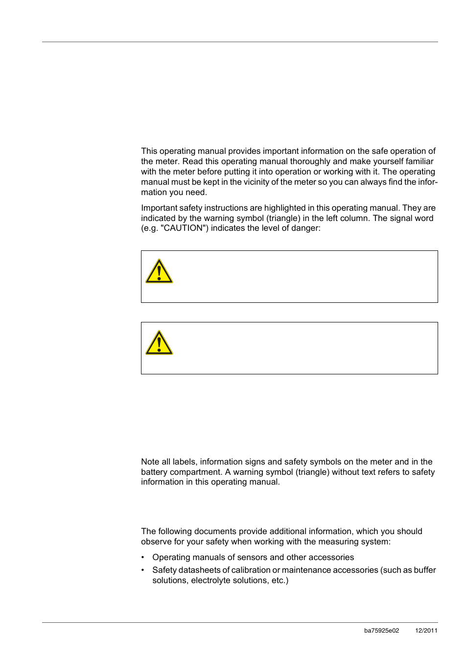 2 safety, 1 safety information, 1 safety information in the operating manual | 2 safety signs on the meter, 3 further documents providing safety information, Safety, Safety information, Safety information in the operating manual, Safety signs on the meter, Further documents providing safety information | Xylem inoLab 7110 WASTEWATER pH METER User Manual | Page 8 / 52