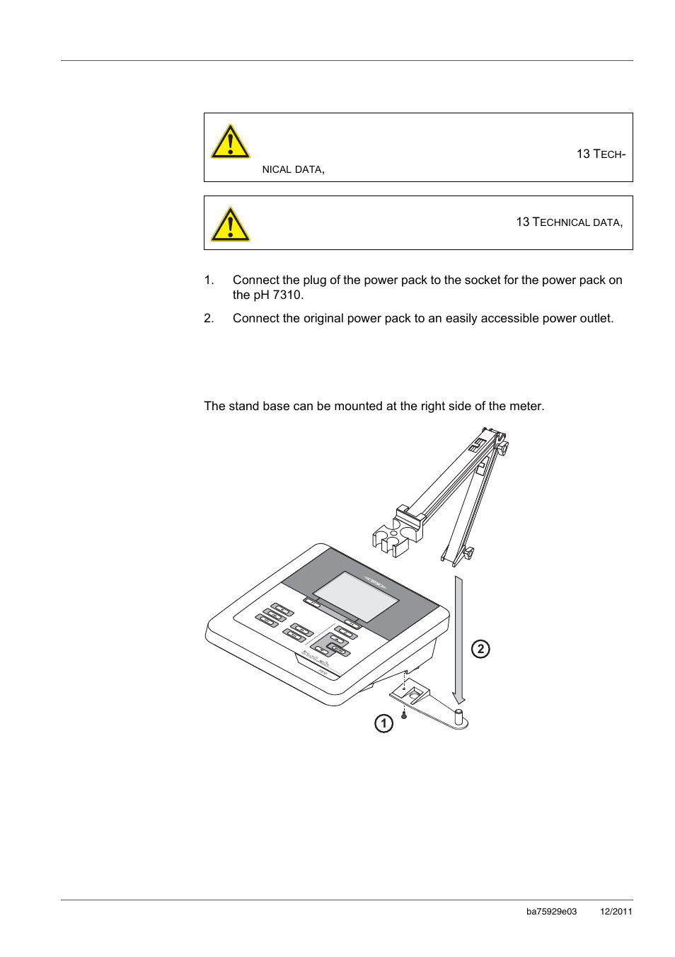 2 connecting the power pack, 3 mounting the stand, Connecting the power pack | Mounting the stand | Xylem inoLab 7310_7310P WASTEWATER pH METER User Manual | Page 12 / 72