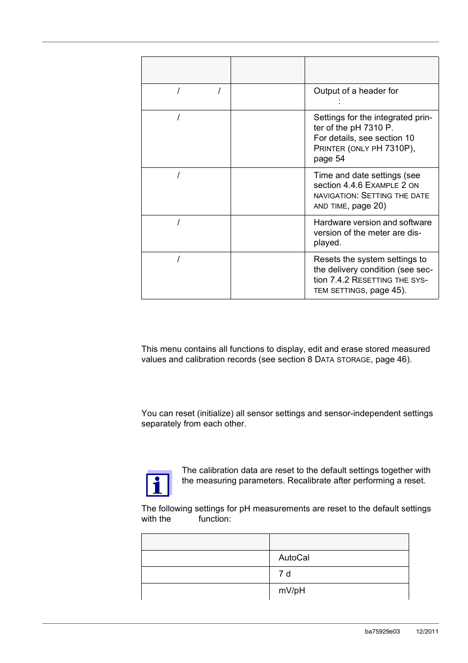 2 data storage, 4 reset, 1 resetting the measurement settings | Data, Reset, Resetting the measurement settings, Section 7.4.1 r, Esetting, Measure, Ment | Xylem inoLab 7310_7310P WASTEWATER pH METER User Manual | Page 44 / 72