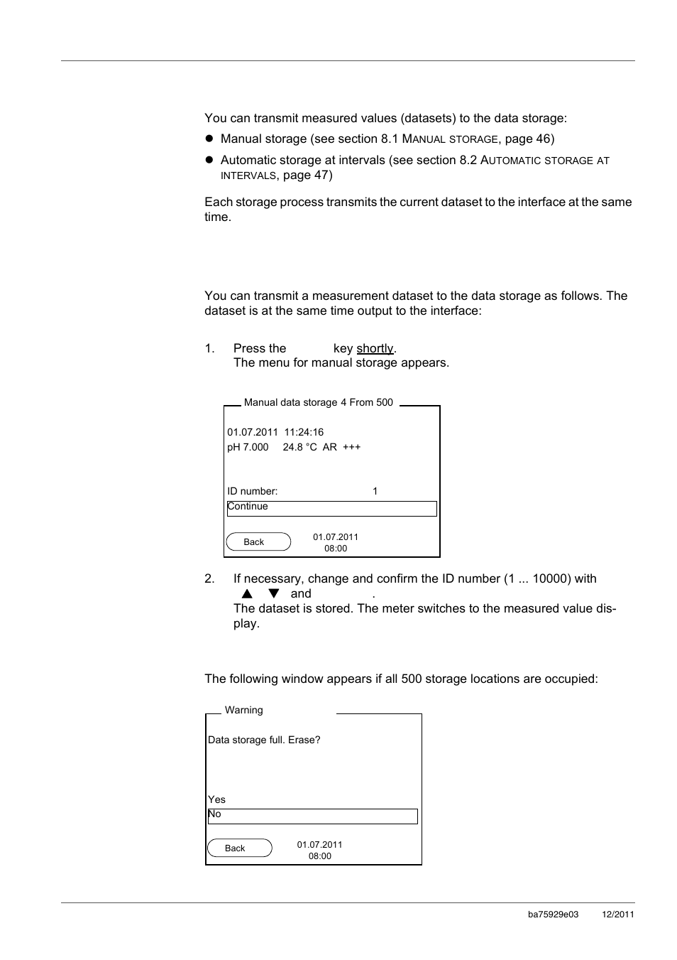 8 data storage, 1 manual storage, Data storage | Manual storage, 8data storage | Xylem inoLab 7310_7310P WASTEWATER pH METER User Manual | Page 46 / 72