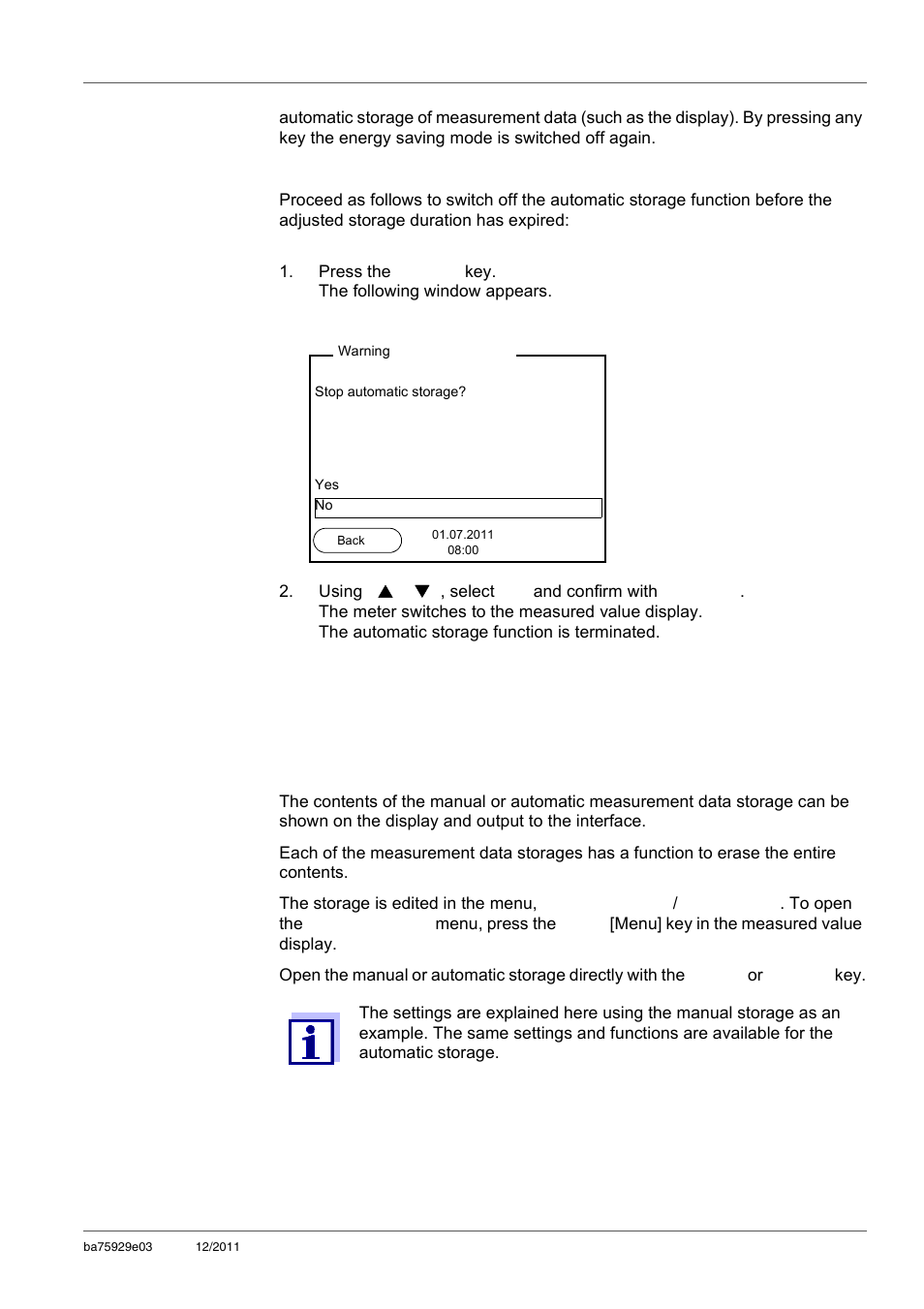3 measurement data storage, 1 editing the measured value storage, Measurement data storage | Editing the measured value storage, See section 8.3.1 e, Diting, Measured, Value, Storage | Xylem inoLab 7310_7310P WASTEWATER pH METER User Manual | Page 49 / 72
