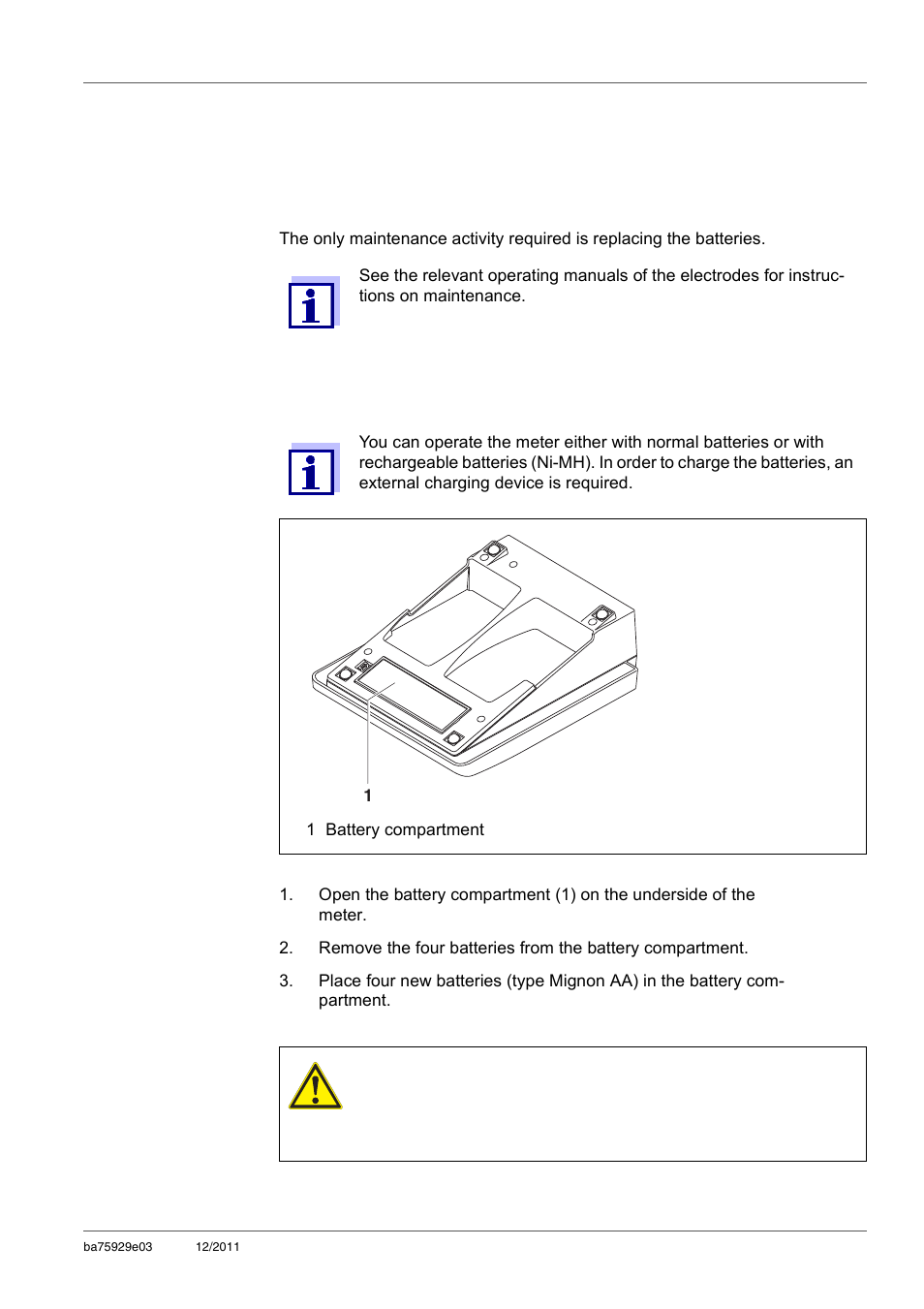11 maintenance, cleaning, disposal, 1 maintenance, 1 general maintenance activities | 2 replacing the batteries | Xylem inoLab 7310_7310P WASTEWATER pH METER User Manual | Page 57 / 72