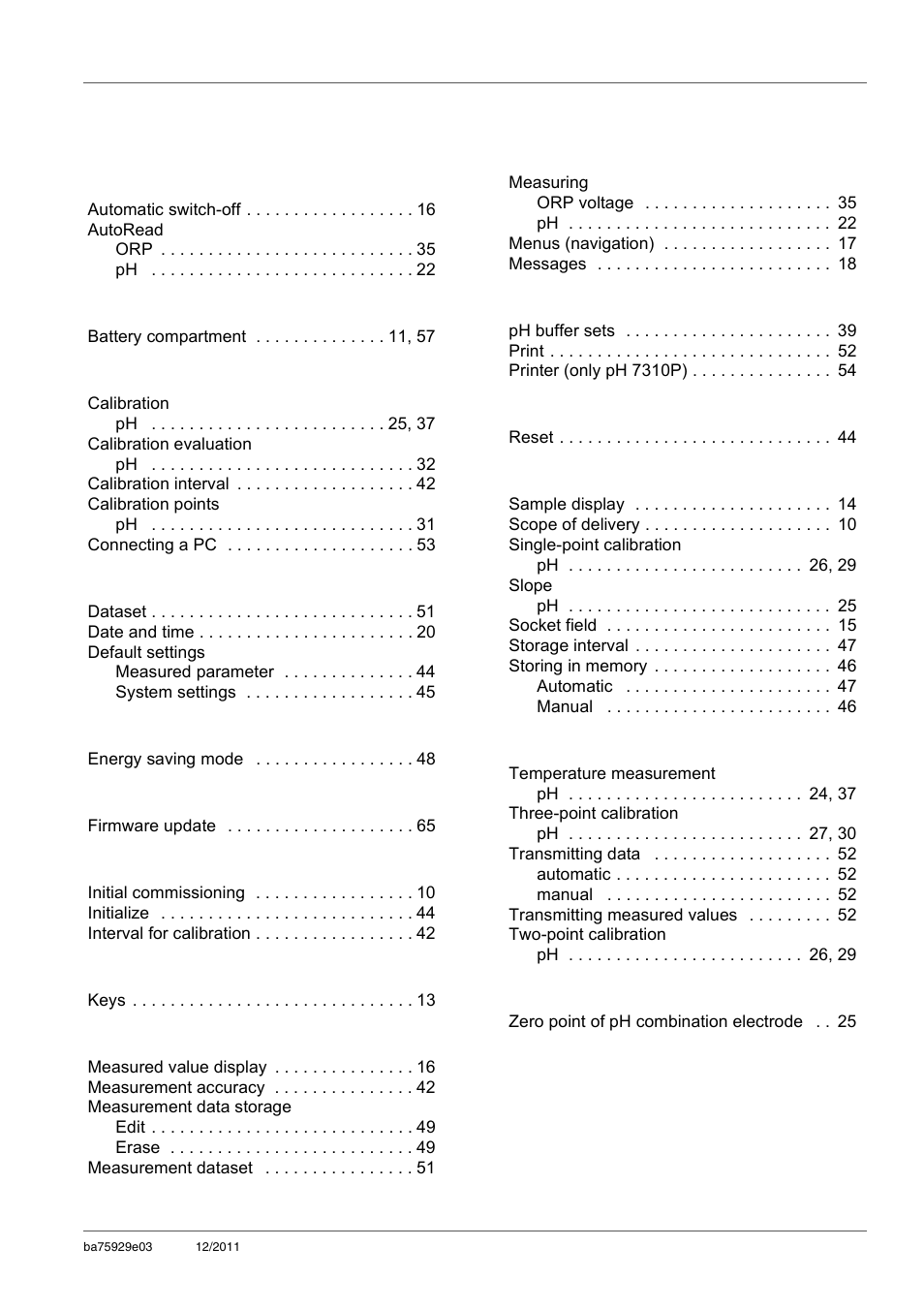 16 index | Xylem inoLab 7310_7310P WASTEWATER pH METER User Manual | Page 69 / 72