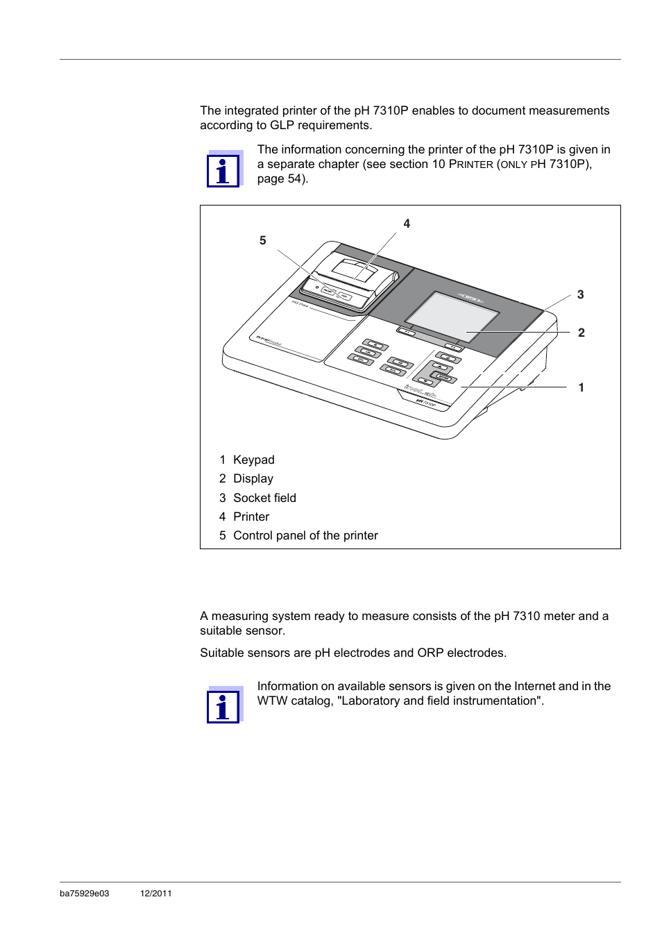 2 ph 7310p meter with integrated printer, 3 sensors, Ph 7310p meter with integrated printer | Sensors | Xylem inoLab 7310_7310P WASTEWATER pH METER User Manual | Page 7 / 72
