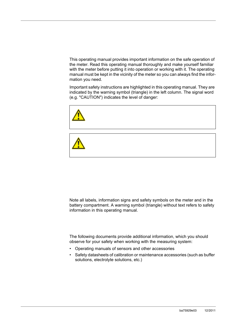 2 safety, 1 safety information, 1 safety information in the operating manual | 2 safety signs on the meter, 3 further documents providing safety information, Safety, Safety information, Safety information in the operating manual, Safety signs on the meter, Further documents providing safety information | Xylem inoLab 7310_7310P WASTEWATER pH METER User Manual | Page 8 / 72