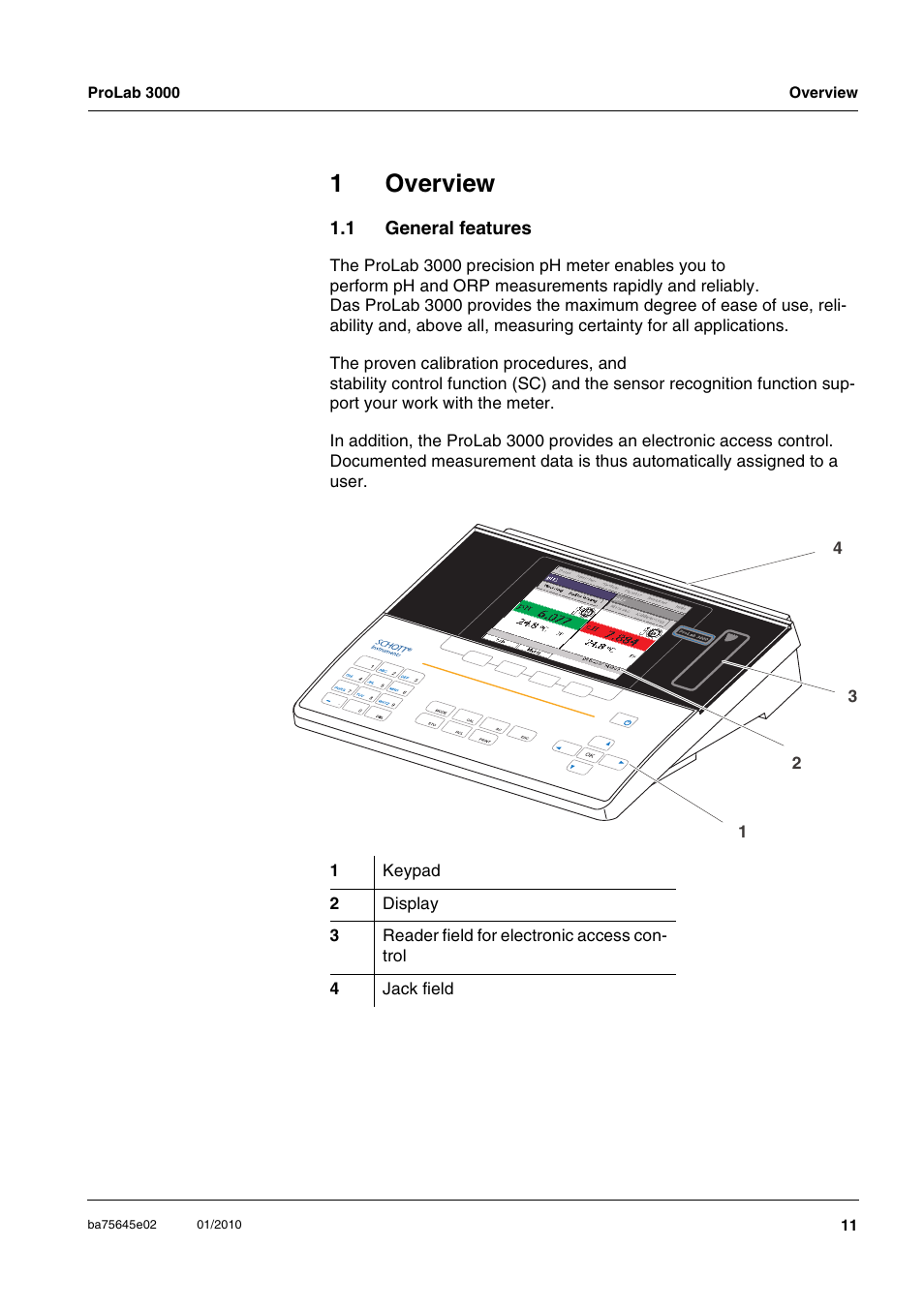 1 overview, 1 general features, Overview | General features, 1overview | Xylem ProLab 3000 LABORATORY pH METER User Manual | Page 11 / 191