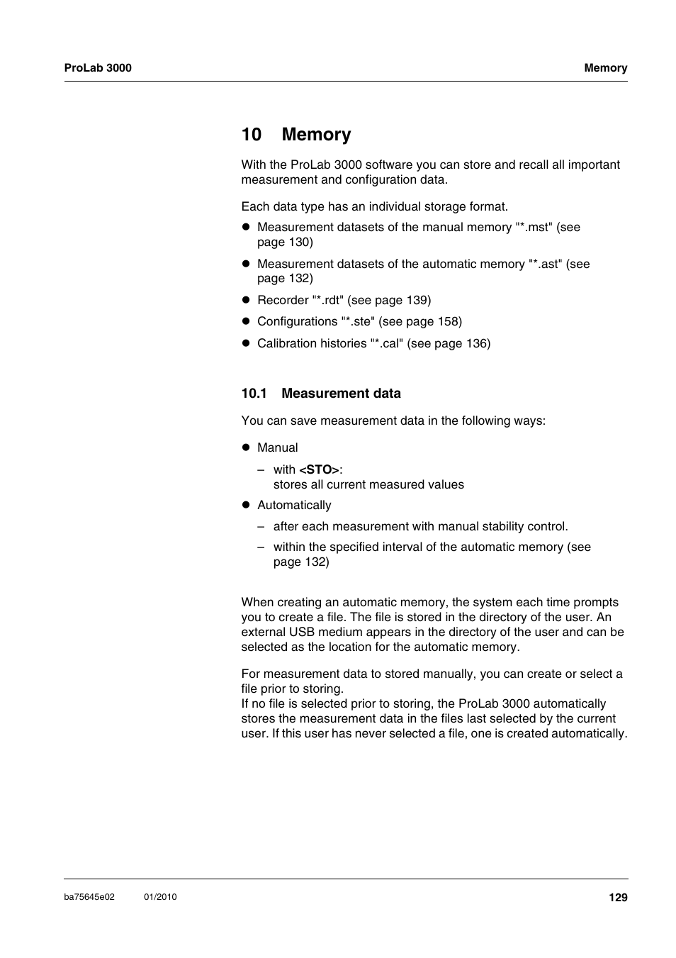 10 memory, 1 measurement data, Chapter 10 m | Emory | Xylem ProLab 3000 LABORATORY pH METER User Manual | Page 129 / 191