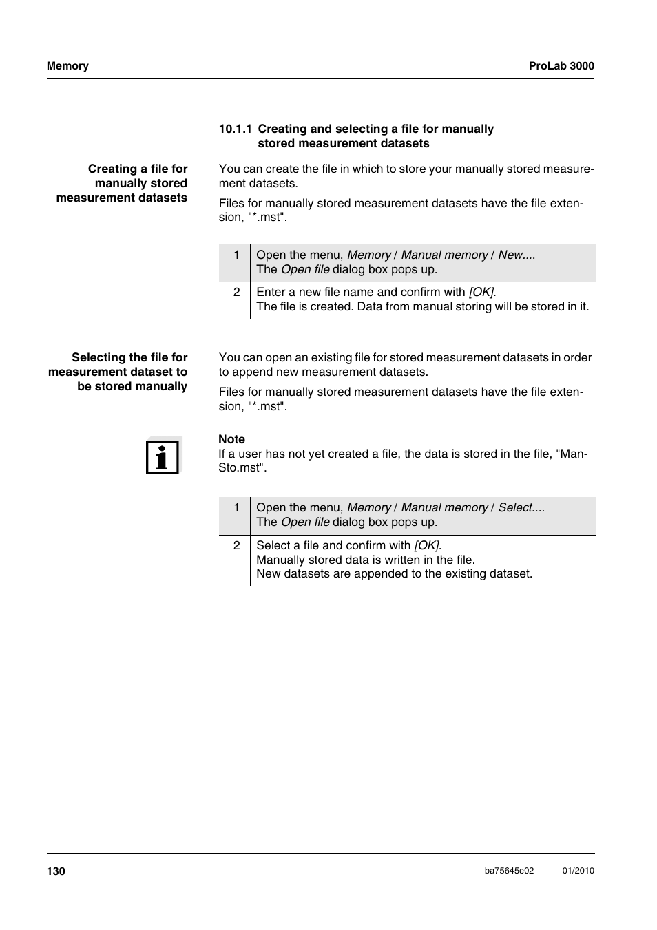 1 creating and selecting a file for manually, Stored measurement datasets | Xylem ProLab 3000 LABORATORY pH METER User Manual | Page 130 / 191