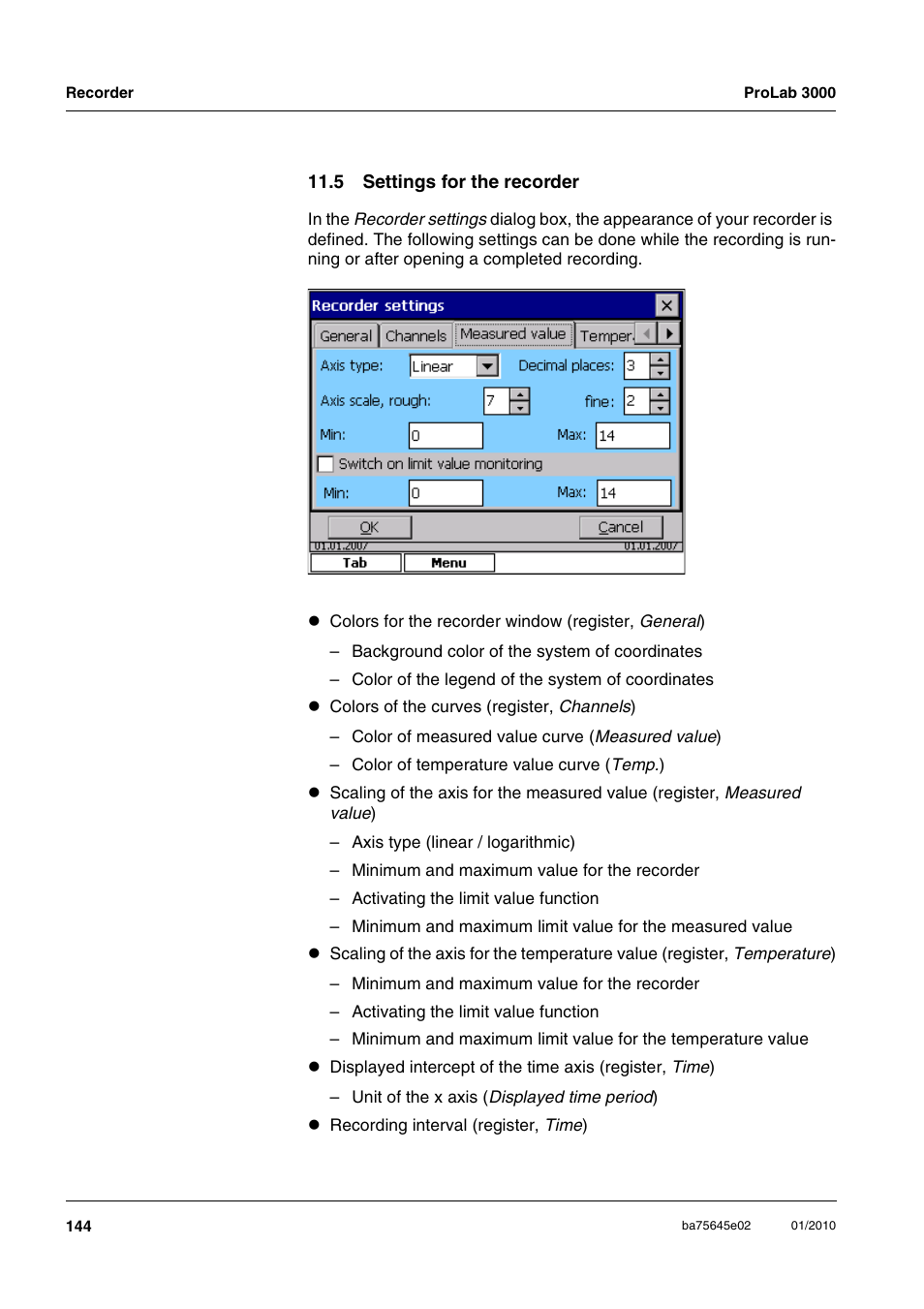5 settings for the recorder | Xylem ProLab 3000 LABORATORY pH METER User Manual | Page 144 / 191