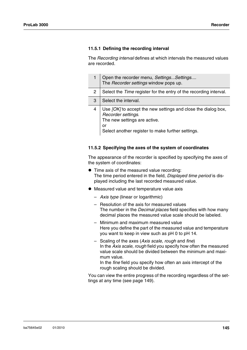 1 defining the recording interval, 2 specifying the axes of the system of coordinates, Of coordinates | Xylem ProLab 3000 LABORATORY pH METER User Manual | Page 145 / 191