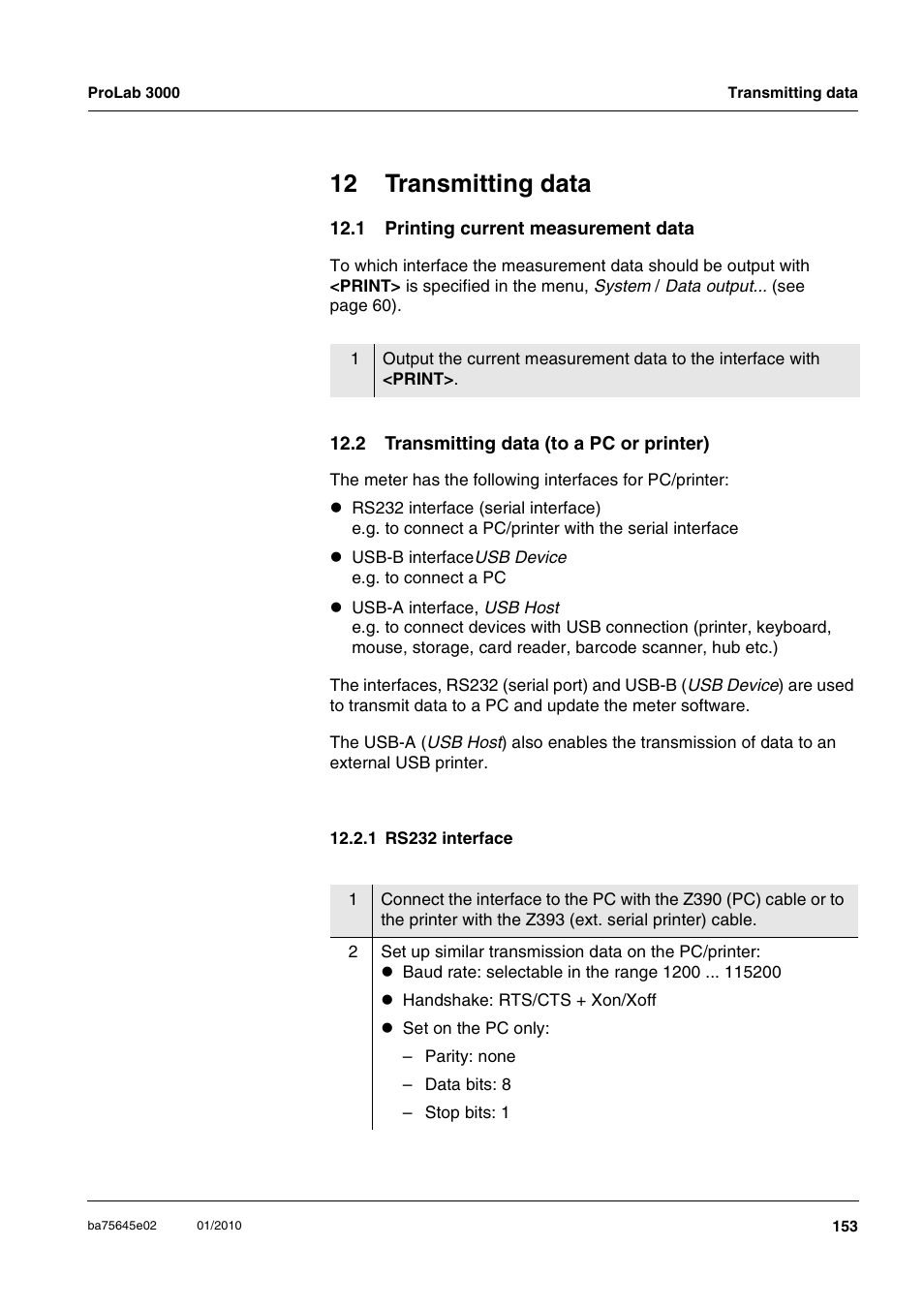 12 transmitting data, 1 printing current measurement data, 2 transmitting data (to a pc or printer) | 1 rs232 interface | Xylem ProLab 3000 LABORATORY pH METER User Manual | Page 153 / 191