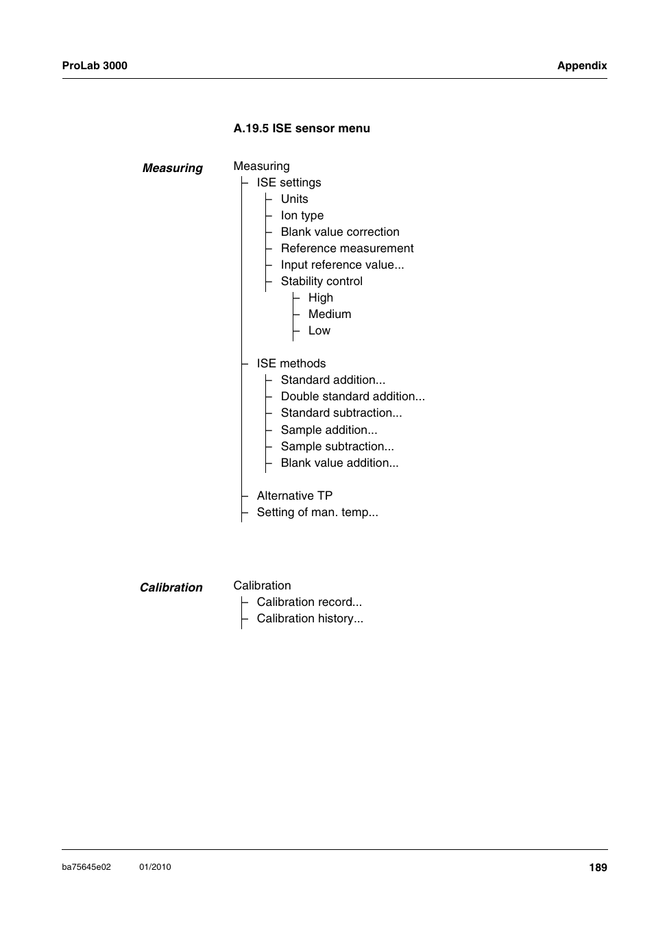 A.19.5 ise sensor menu | Xylem ProLab 3000 LABORATORY pH METER User Manual | Page 189 / 191