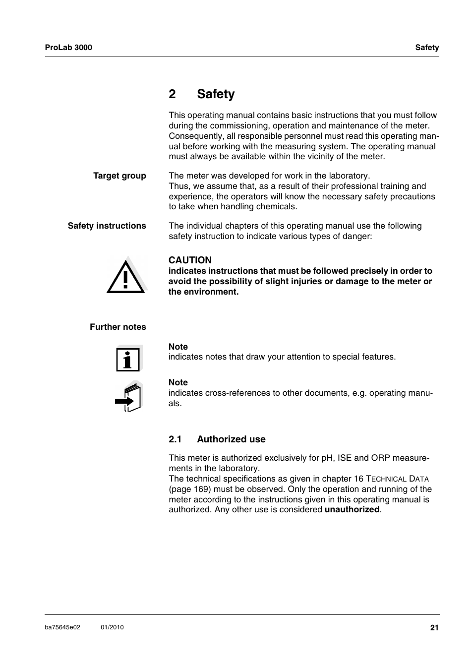 2 safety, 1 authorized use, Safety | Authorized use, 2safety | Xylem ProLab 3000 LABORATORY pH METER User Manual | Page 21 / 191