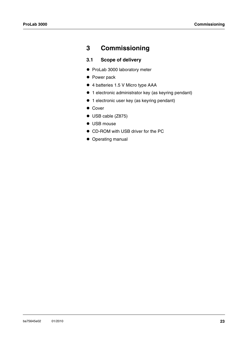 3 commissioning, 1 scope of delivery, Commissioning | Scope of delivery, 3commissioning | Xylem ProLab 3000 LABORATORY pH METER User Manual | Page 23 / 191