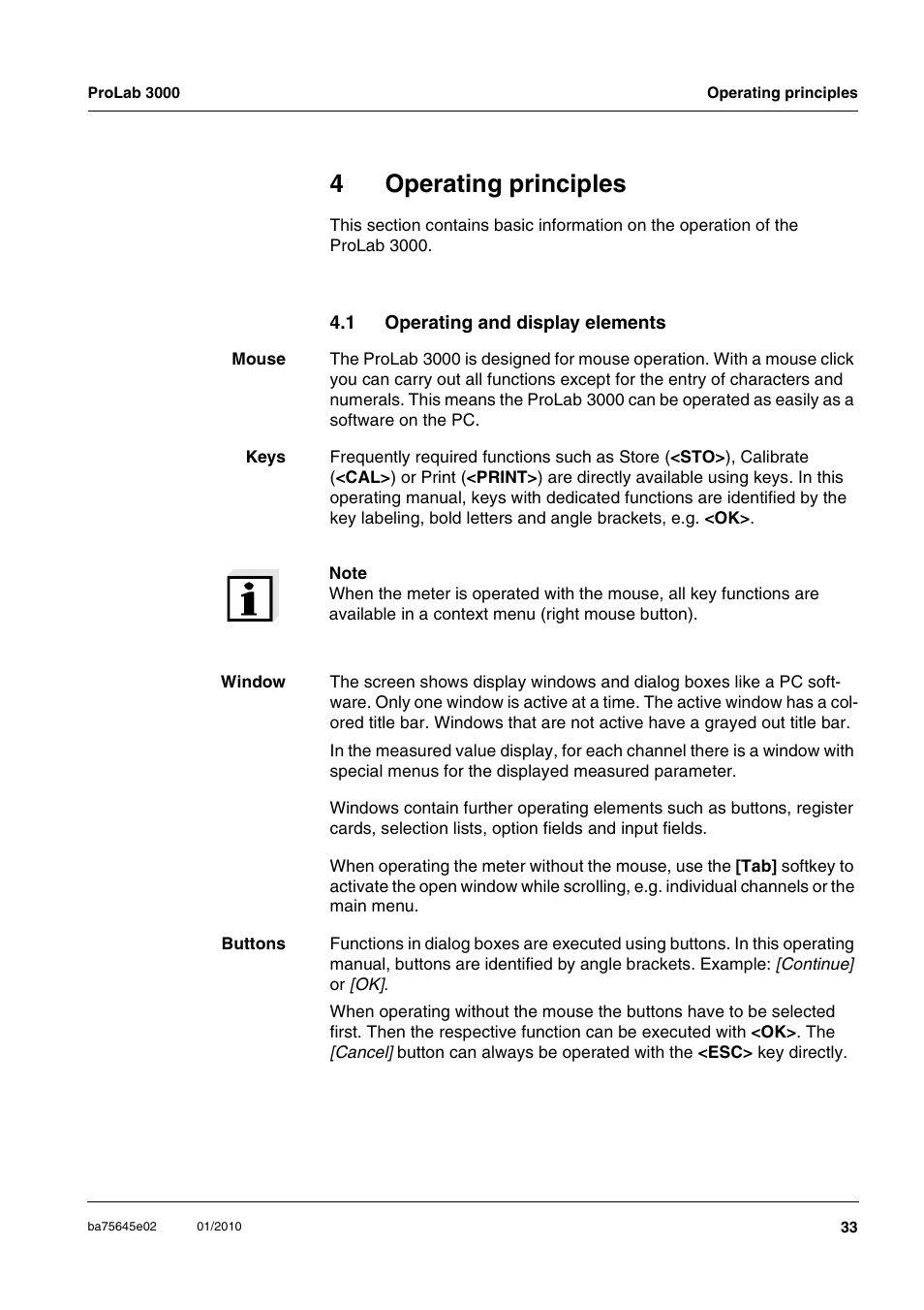 4 operating principles, 1 operating and display elements, Operating principles | Operating and display elements, 4operating principles | Xylem ProLab 3000 LABORATORY pH METER User Manual | Page 33 / 191