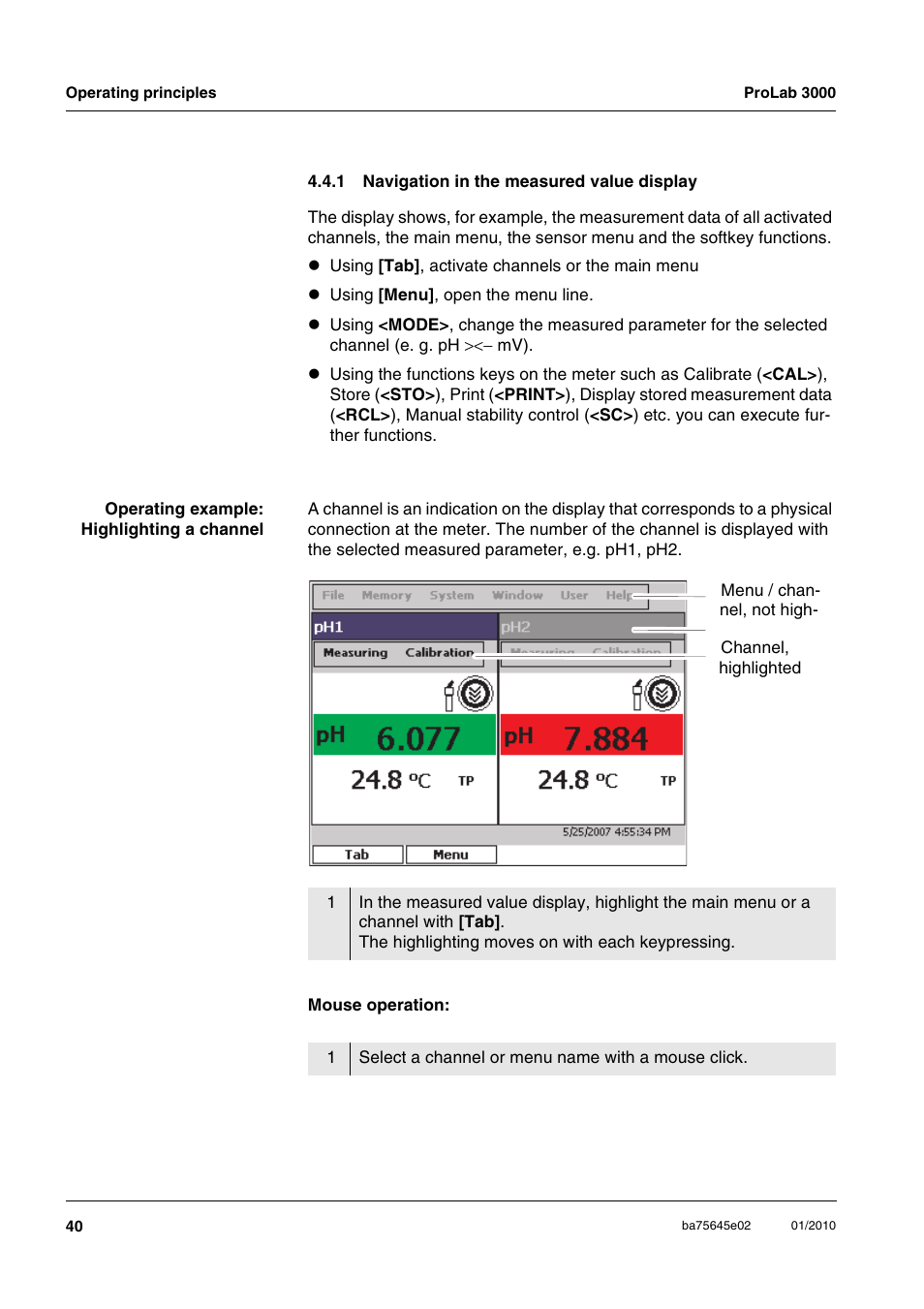 1 navigation in the measured value display, Navigation in the measured value display | Xylem ProLab 3000 LABORATORY pH METER User Manual | Page 40 / 191