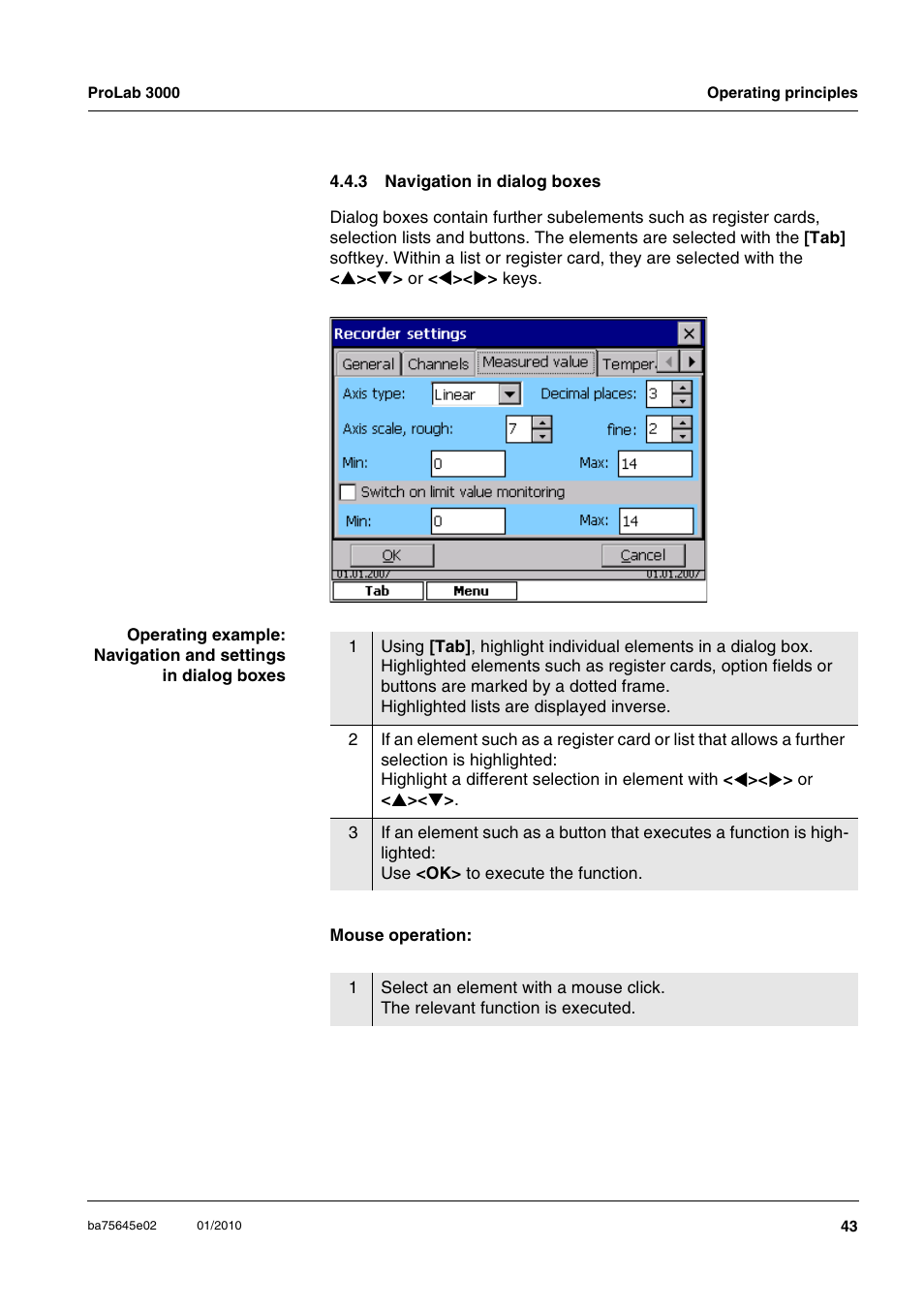 3 navigation in dialog boxes, Navigation in dialog boxes | Xylem ProLab 3000 LABORATORY pH METER User Manual | Page 43 / 191