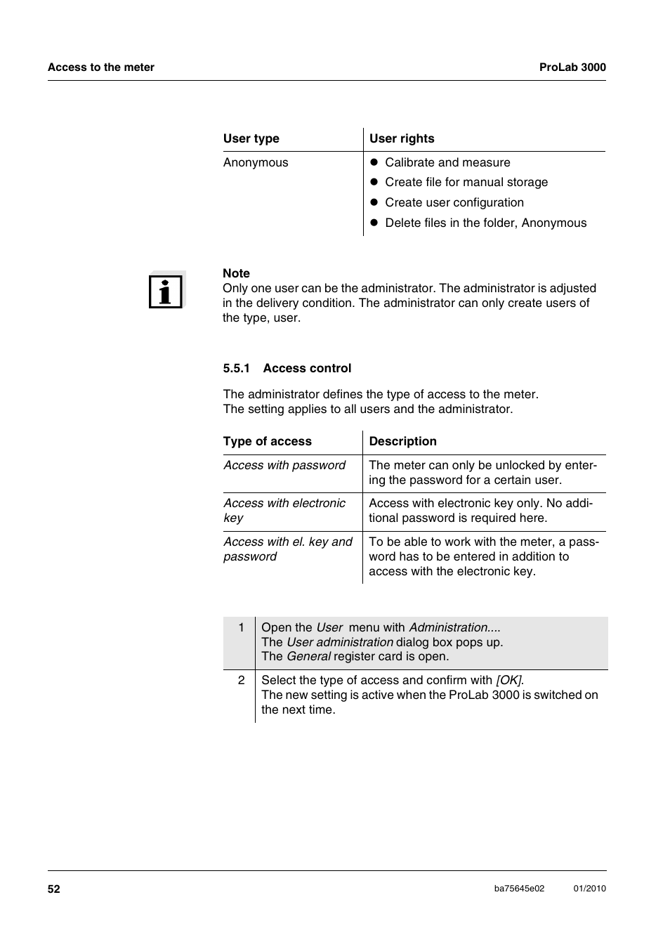 1 access control, Access control | Xylem ProLab 3000 LABORATORY pH METER User Manual | Page 52 / 191