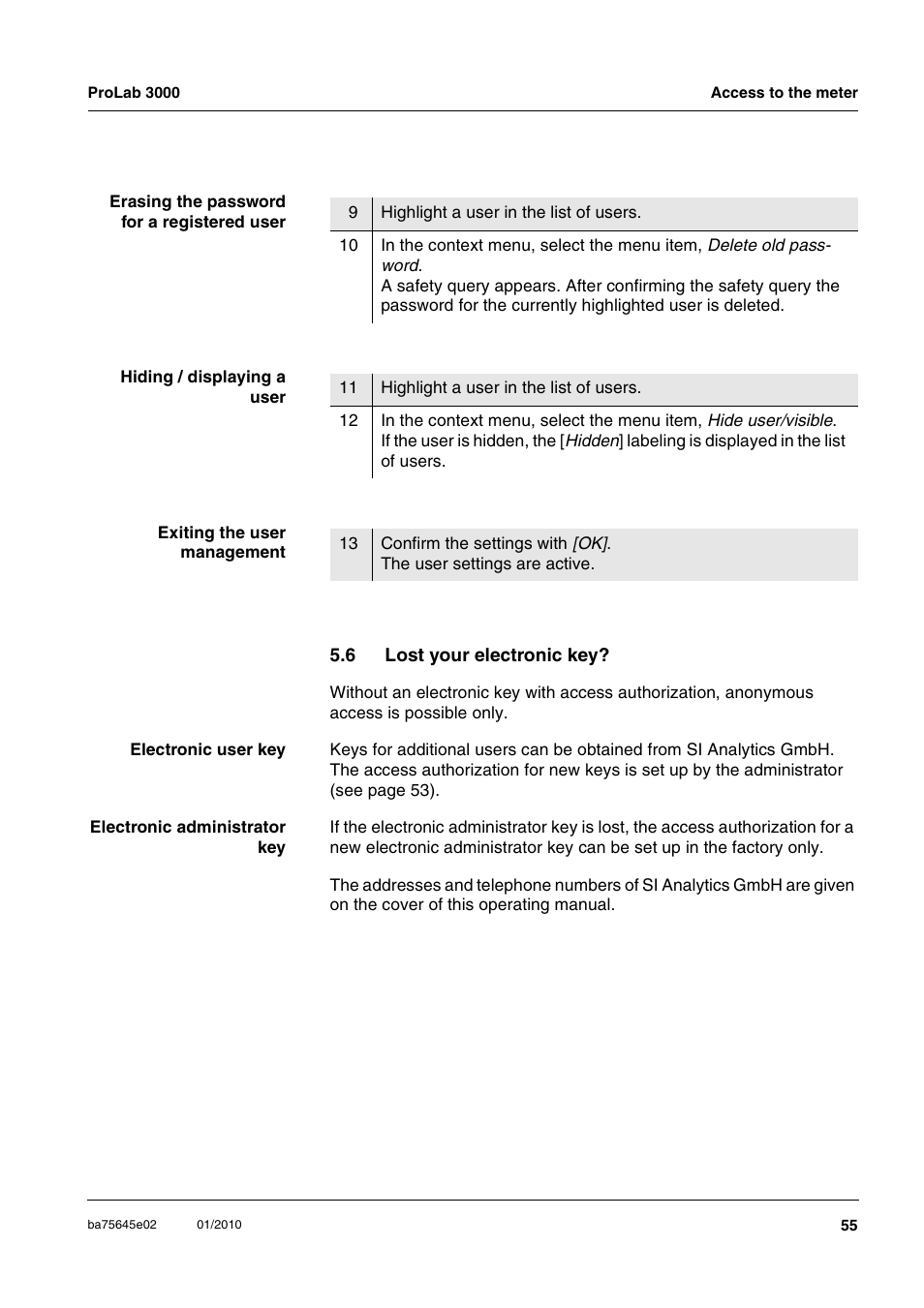 6 lost your electronic key, Lost your electronic key | Xylem ProLab 3000 LABORATORY pH METER User Manual | Page 55 / 191