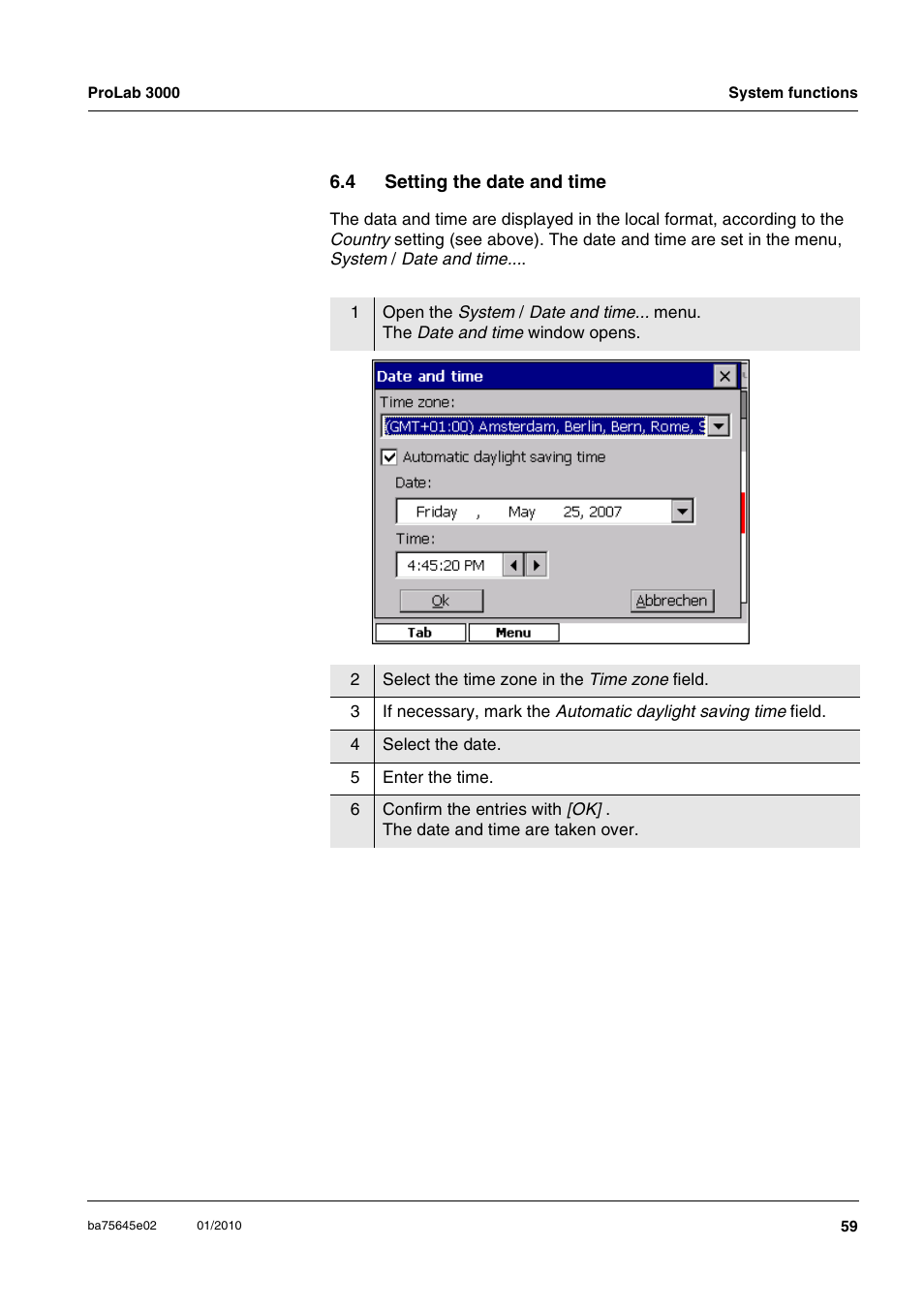 4 setting the date and time, Setting the date and time | Xylem ProLab 3000 LABORATORY pH METER User Manual | Page 59 / 191