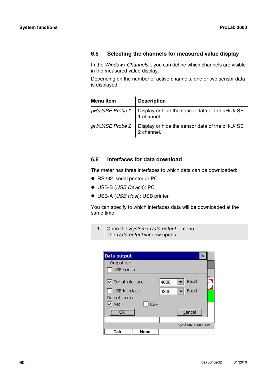 6 interfaces for data download, Selecting the channels for measured value display, Interfaces for data download | Xylem ProLab 3000 LABORATORY pH METER User Manual | Page 60 / 191