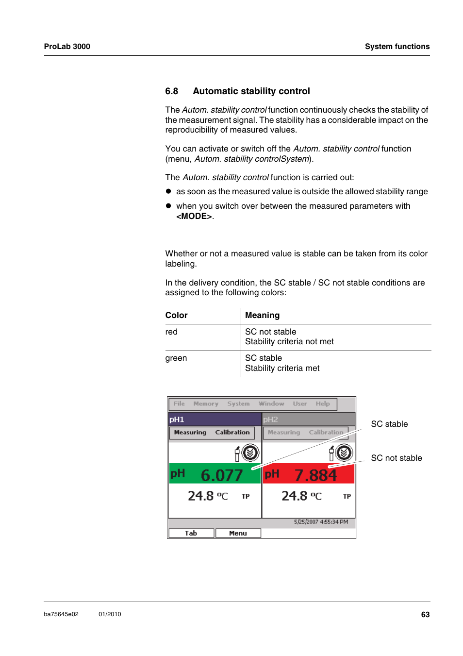 8 automatic stability control, Automatic stability control | Xylem ProLab 3000 LABORATORY pH METER User Manual | Page 63 / 191