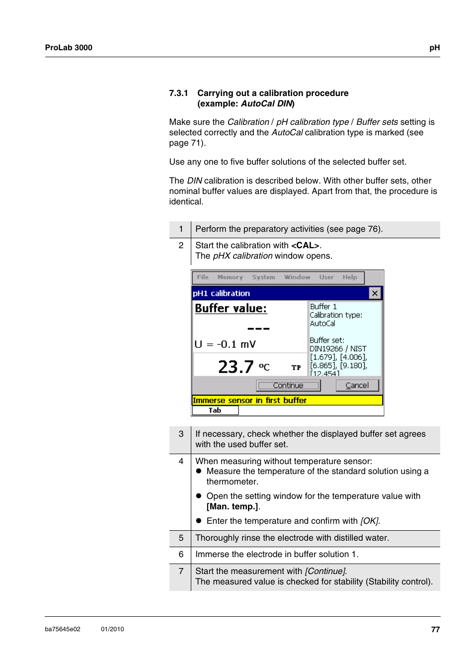Carrying out a calibration procedure (example: aut | Xylem ProLab 3000 LABORATORY pH METER User Manual | Page 77 / 191