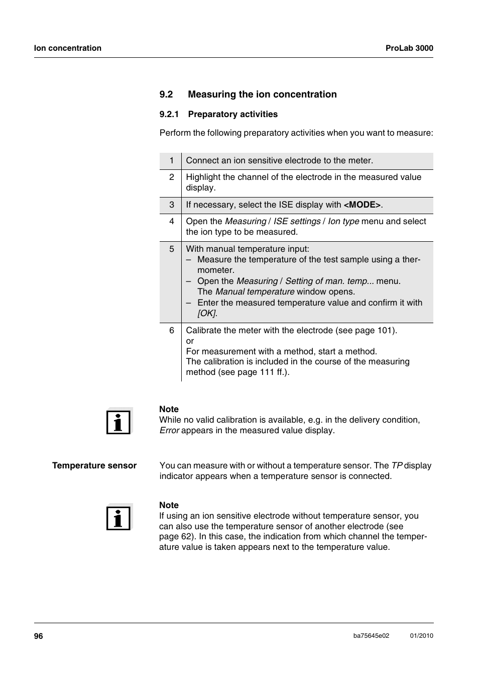 2 measuring the ion concentration, 1 preparatory activities, Measuring the ion concentration 9.2.1 | Preparatory activities | Xylem ProLab 3000 LABORATORY pH METER User Manual | Page 96 / 191