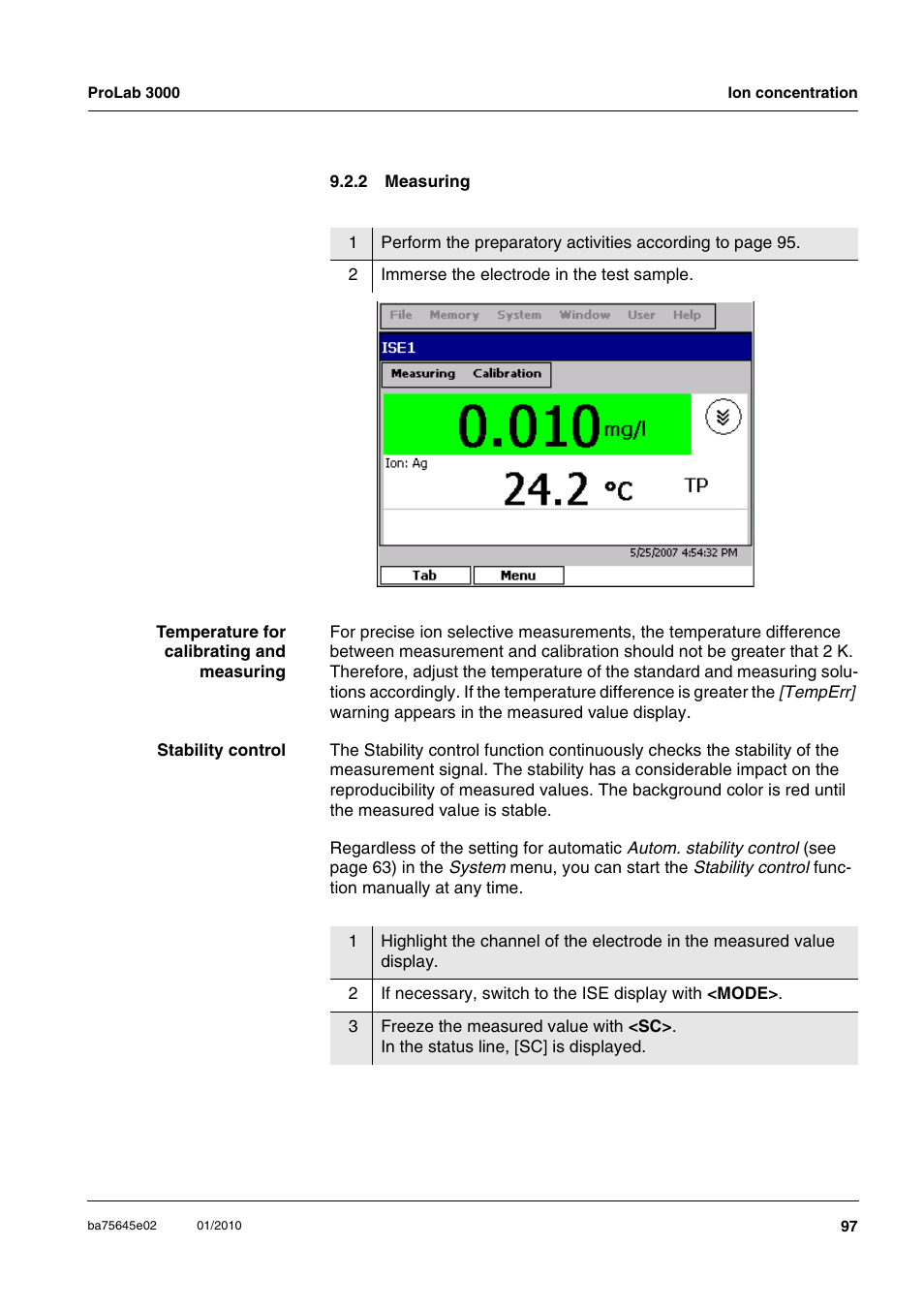 2 measuring, Measuring | Xylem ProLab 3000 LABORATORY pH METER User Manual | Page 97 / 191