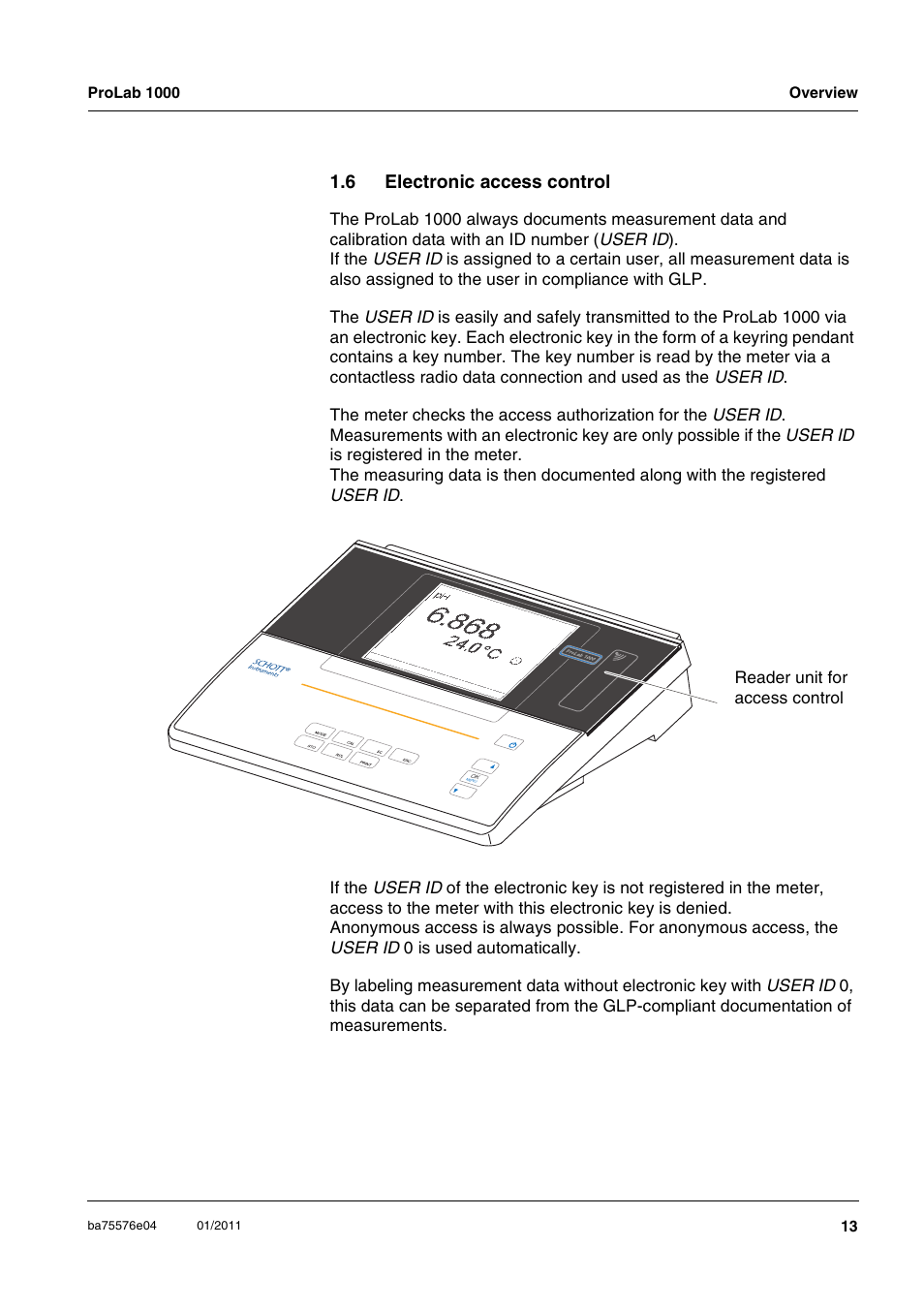 6 electronic access control, Electronic access control | Xylem ProLab 1000 BENCH TOP pH METER User Manual | Page 13 / 103