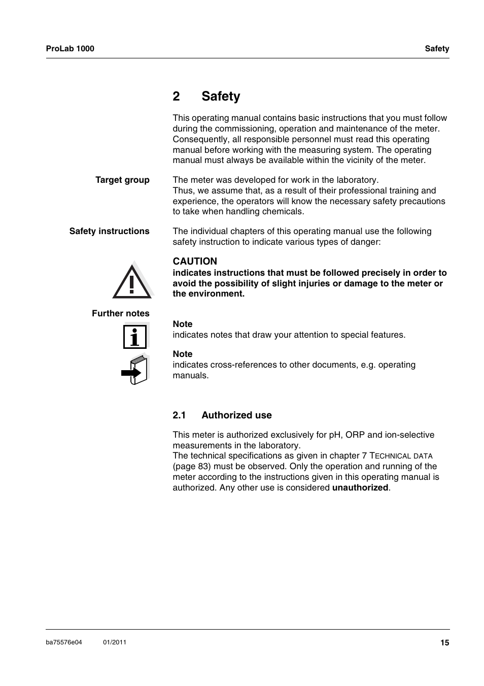 2 safety, 1 authorized use, Safety | Authorized use, 2safety | Xylem ProLab 1000 BENCH TOP pH METER User Manual | Page 15 / 103