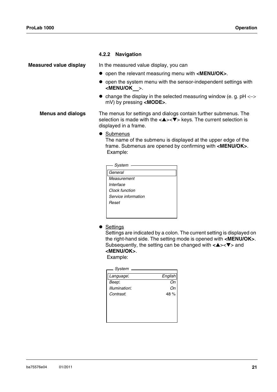 2 navigation, Navigation | Xylem ProLab 1000 BENCH TOP pH METER User Manual | Page 21 / 103