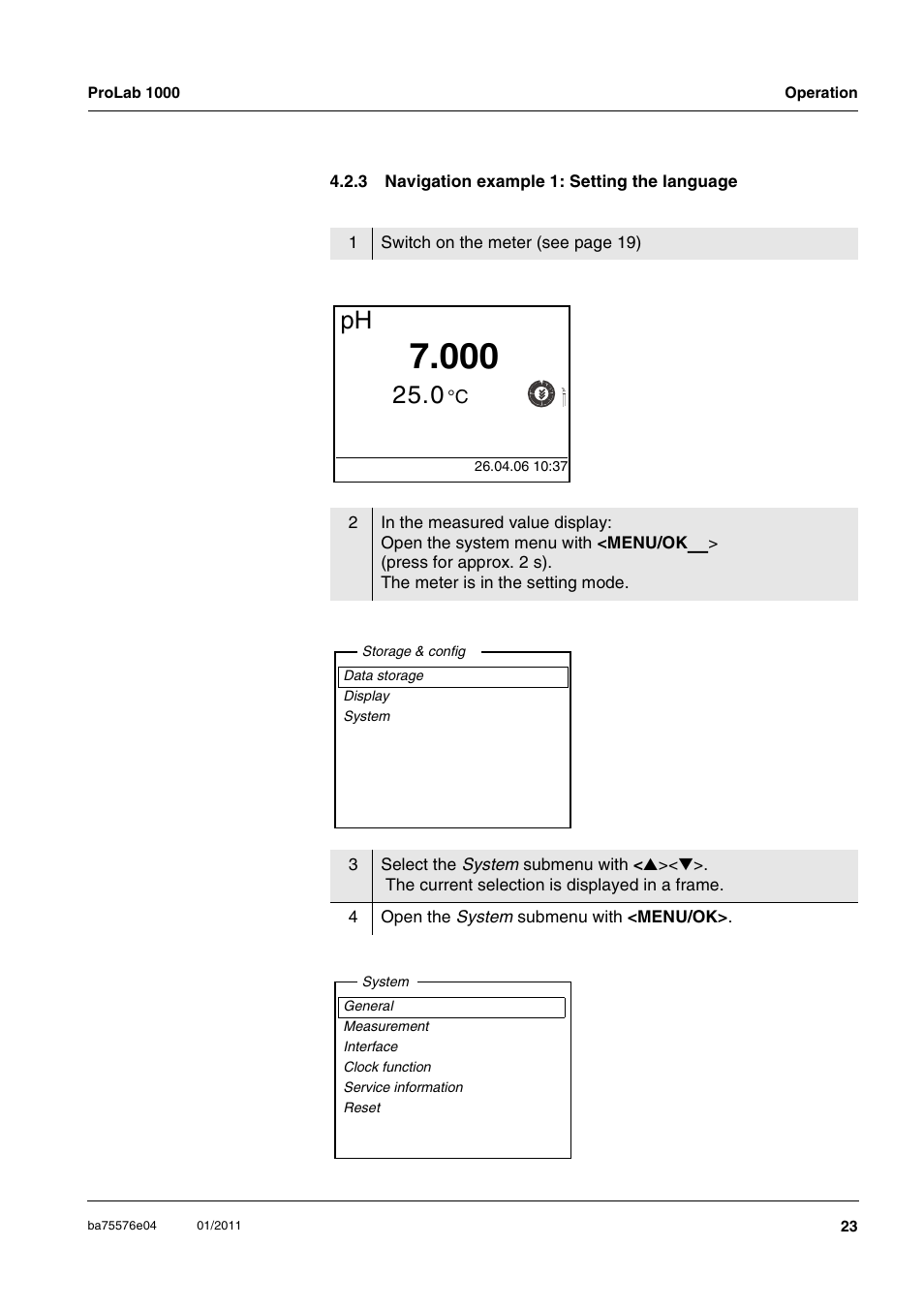 3 navigation example 1: setting the language, Navigation example 1: setting the language | Xylem ProLab 1000 BENCH TOP pH METER User Manual | Page 23 / 103