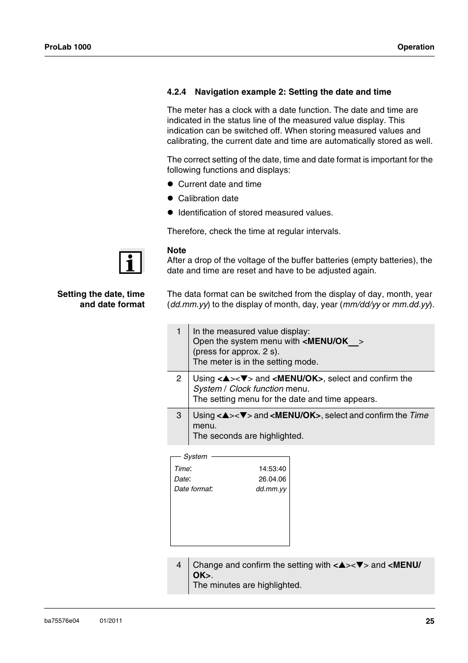 4 navigation example 2: setting the date and time, Navigation example 2: setting the date and time 25 | Xylem ProLab 1000 BENCH TOP pH METER User Manual | Page 25 / 103