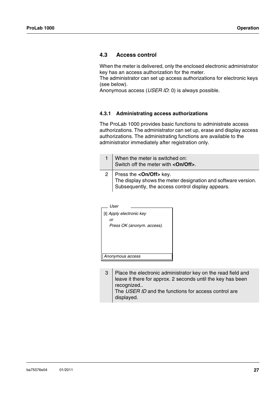 3 access control, 1 administrating access authorizations, Access control 4.3.1 | Administrating access authorizations | Xylem ProLab 1000 BENCH TOP pH METER User Manual | Page 27 / 103