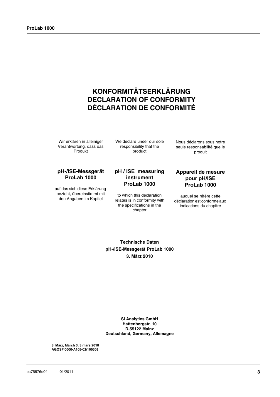 Xylem ProLab 1000 BENCH TOP pH METER User Manual | Page 3 / 103