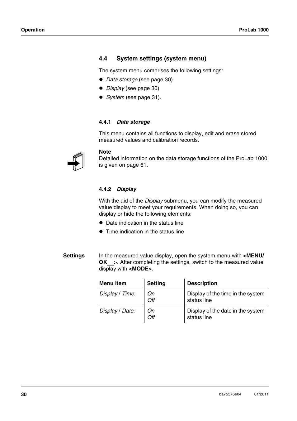 4 system settings (system menu), 1 data storage, 2 display | System settings (system menu) 4.4.1 | Xylem ProLab 1000 BENCH TOP pH METER User Manual | Page 30 / 103