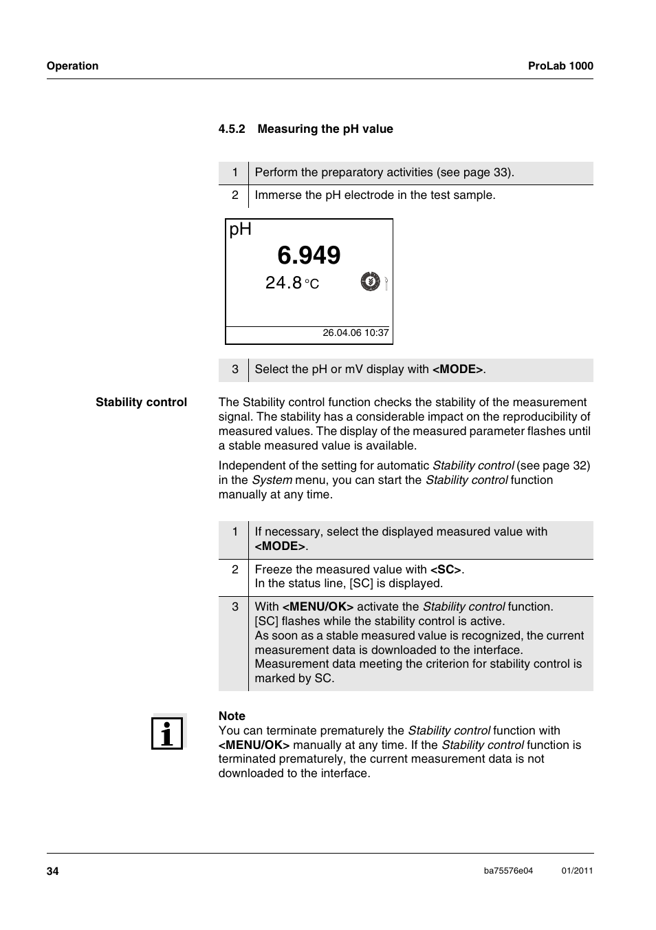 2 measuring the ph value, Measuring the ph value | Xylem ProLab 1000 BENCH TOP pH METER User Manual | Page 34 / 103