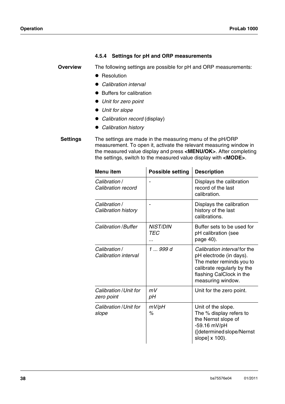 4 settings for ph and orp measurements, Settings for ph and orp measurements | Xylem ProLab 1000 BENCH TOP pH METER User Manual | Page 38 / 103