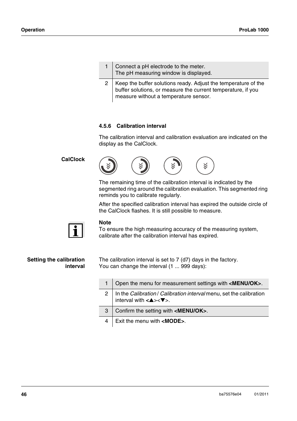 6 calibration interval, Calibration interval | Xylem ProLab 1000 BENCH TOP pH METER User Manual | Page 46 / 103
