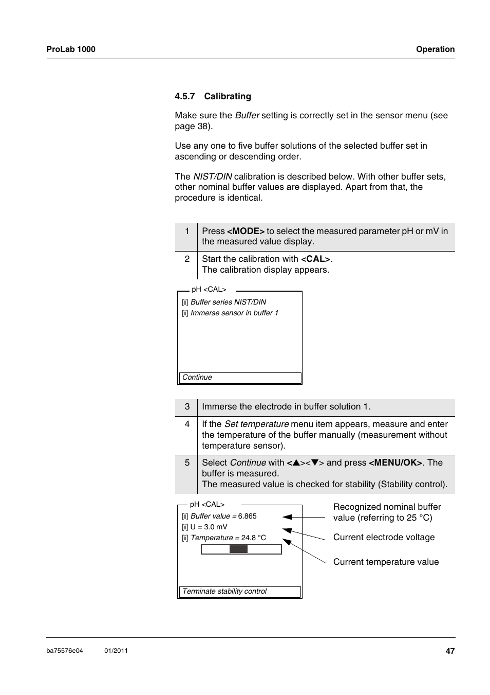 7 calibrating, Calibrating | Xylem ProLab 1000 BENCH TOP pH METER User Manual | Page 47 / 103