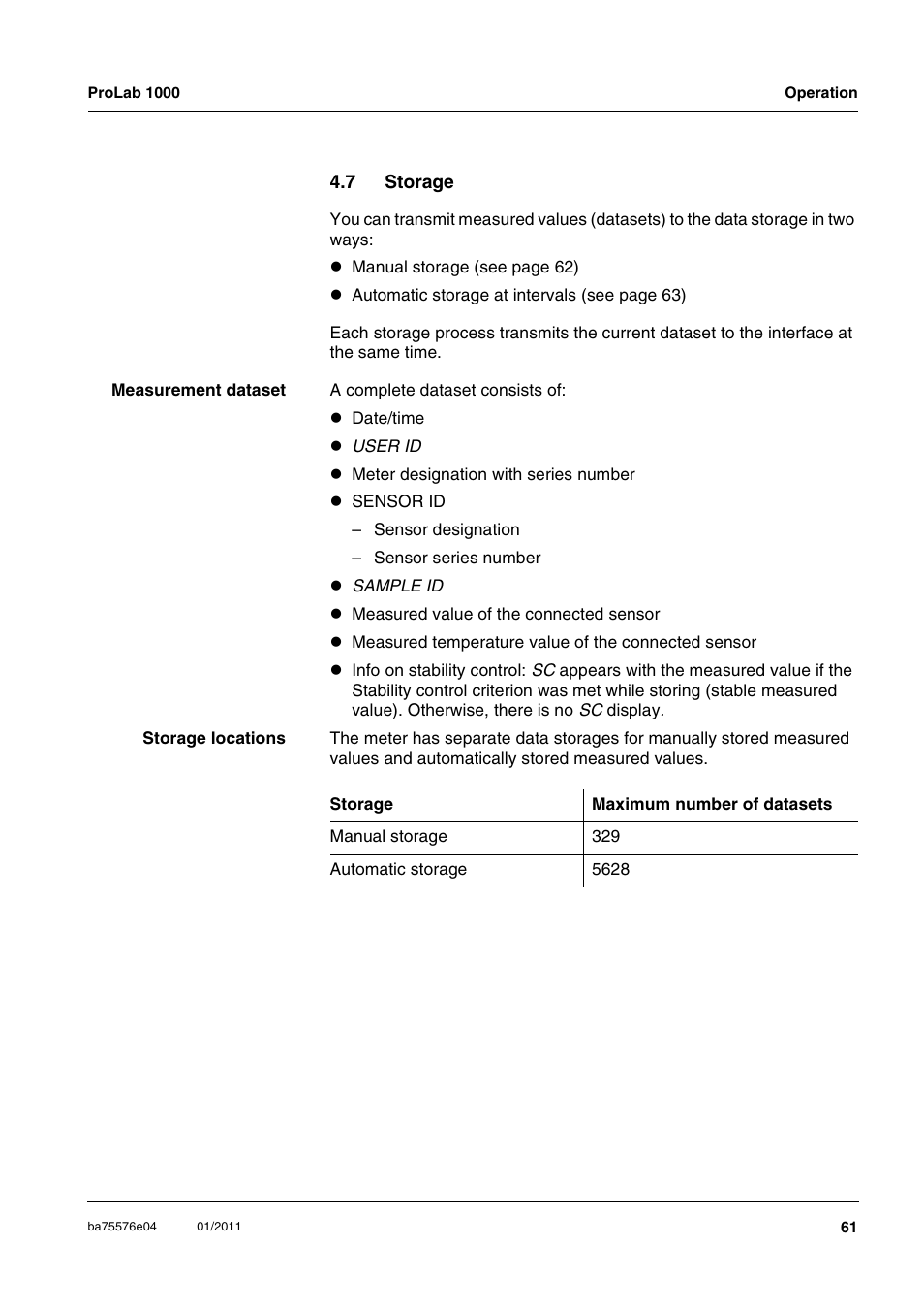 7 storage, Storage | Xylem ProLab 1000 BENCH TOP pH METER User Manual | Page 61 / 103