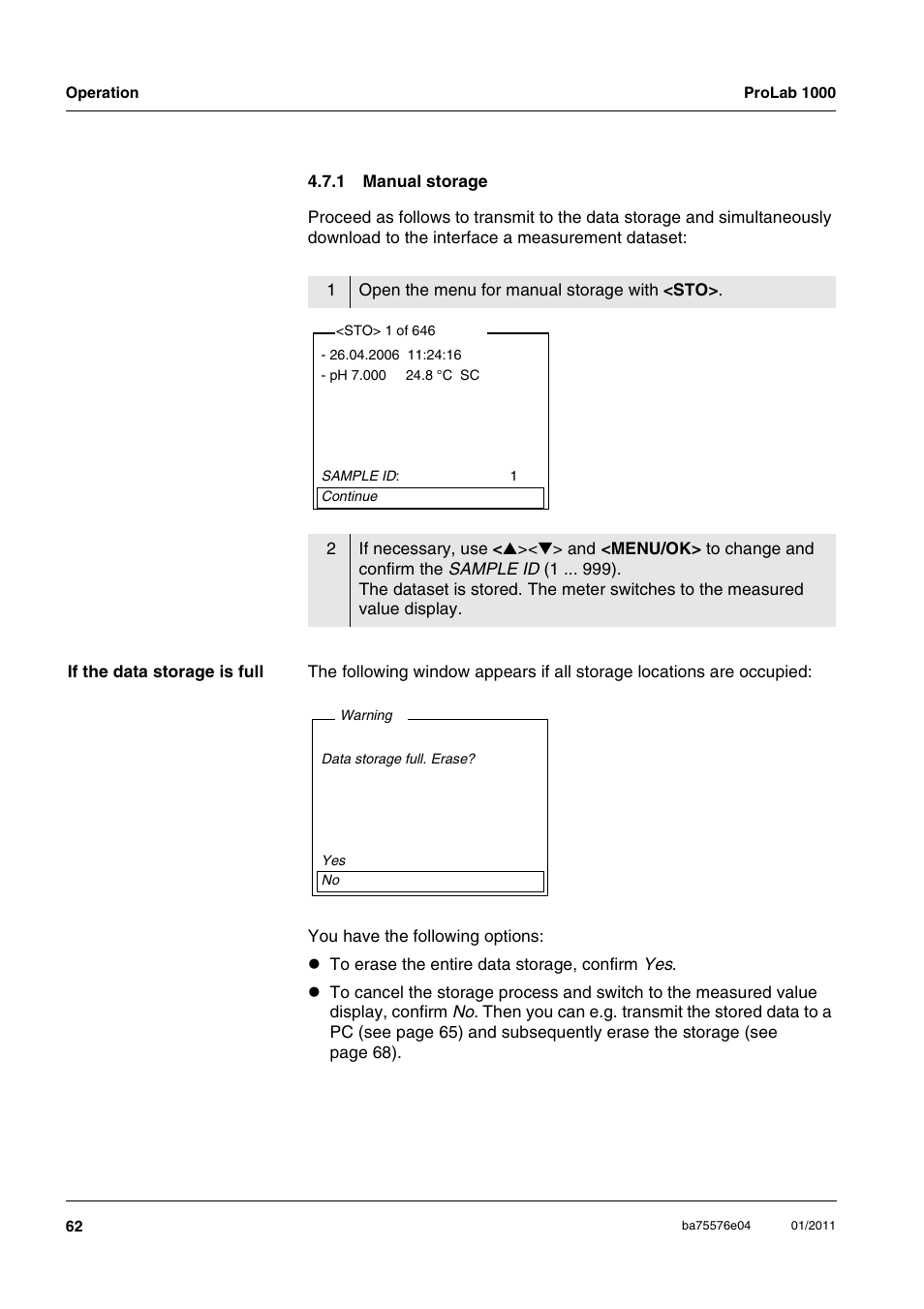 1 manual storage, Manual storage | Xylem ProLab 1000 BENCH TOP pH METER User Manual | Page 62 / 103