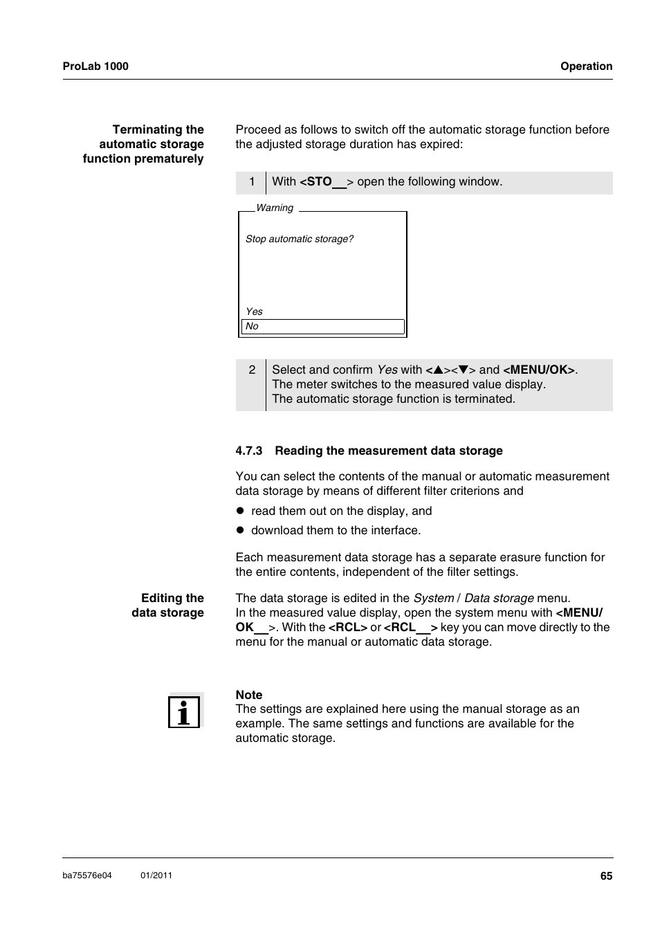 3 reading the measurement data storage, Reading the measurement data storage | Xylem ProLab 1000 BENCH TOP pH METER User Manual | Page 65 / 103