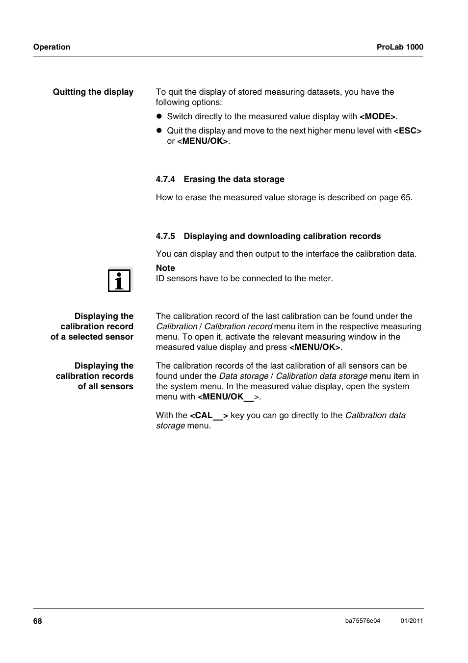 4 erasing the data storage, 5 displaying and downloading calibration records, Erasing the data storage | Displaying and downloading calibration records 68 | Xylem ProLab 1000 BENCH TOP pH METER User Manual | Page 68 / 103