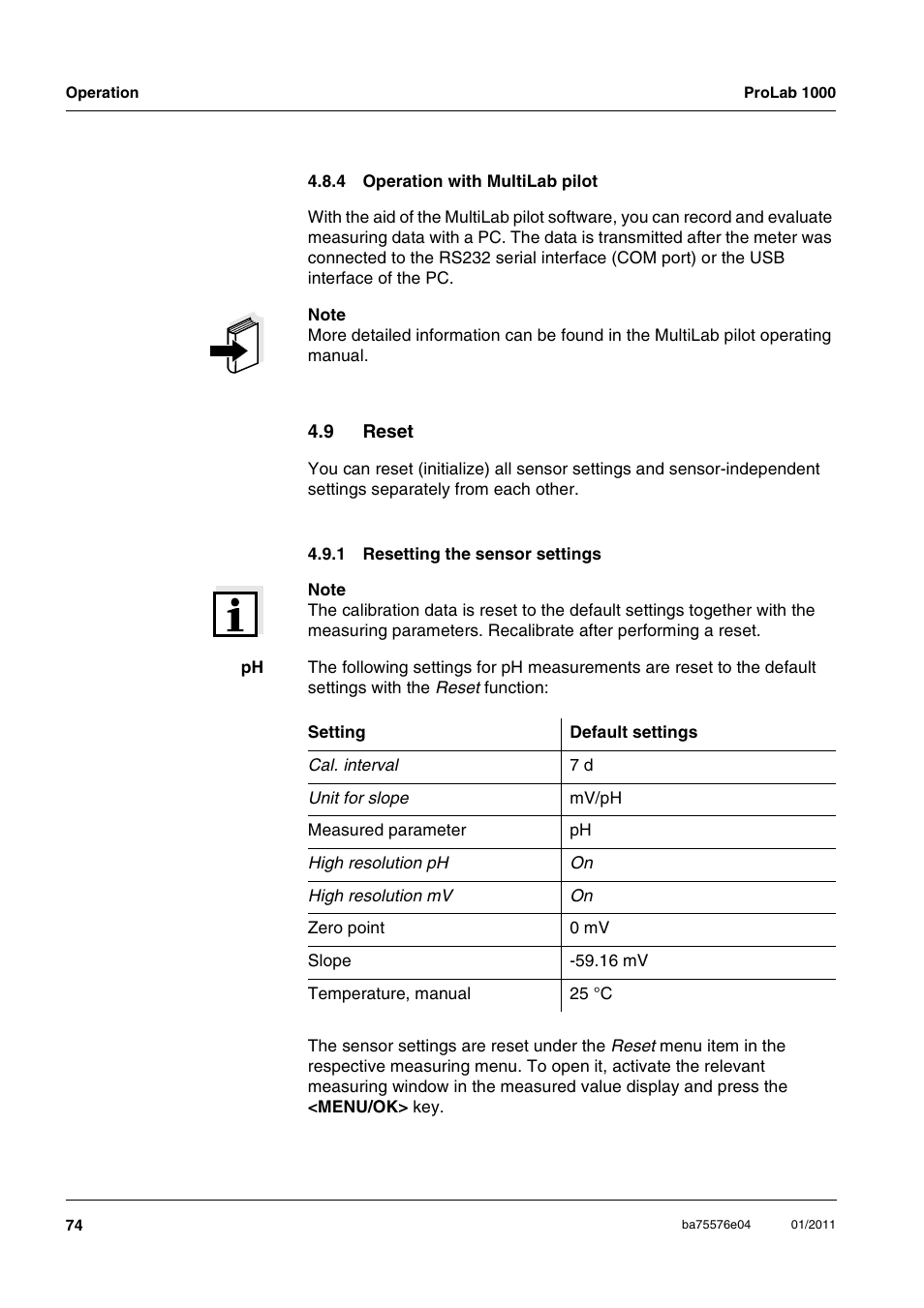 4 operation with multilab pilot, 9 reset, 1 resetting the sensor settings | Operation with multilab pilot, Reset 4.9.1, Resetting the sensor settings | Xylem ProLab 1000 BENCH TOP pH METER User Manual | Page 74 / 103