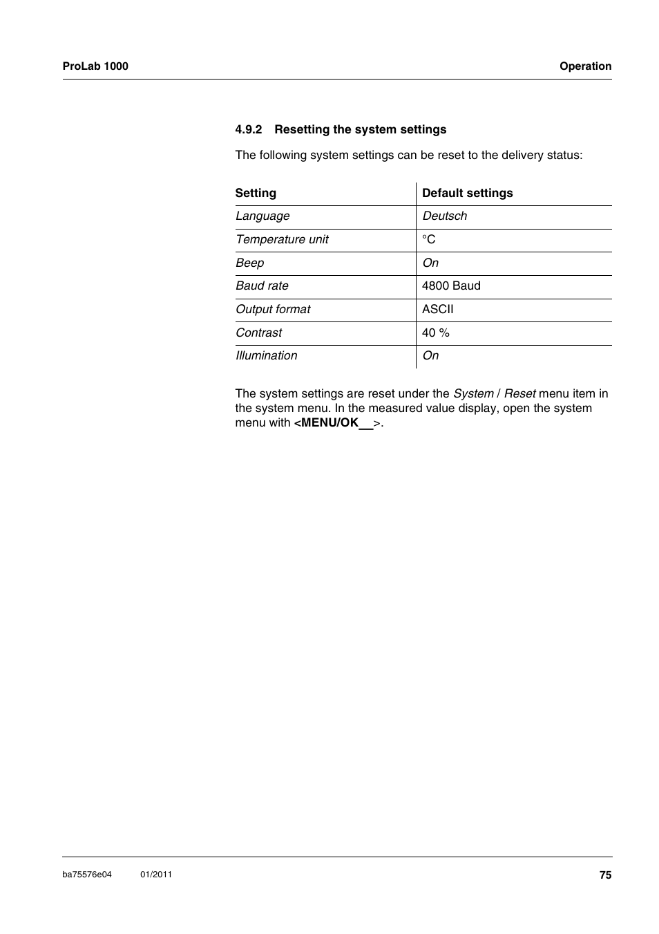2 resetting the system settings, Resetting the system settings | Xylem ProLab 1000 BENCH TOP pH METER User Manual | Page 75 / 103