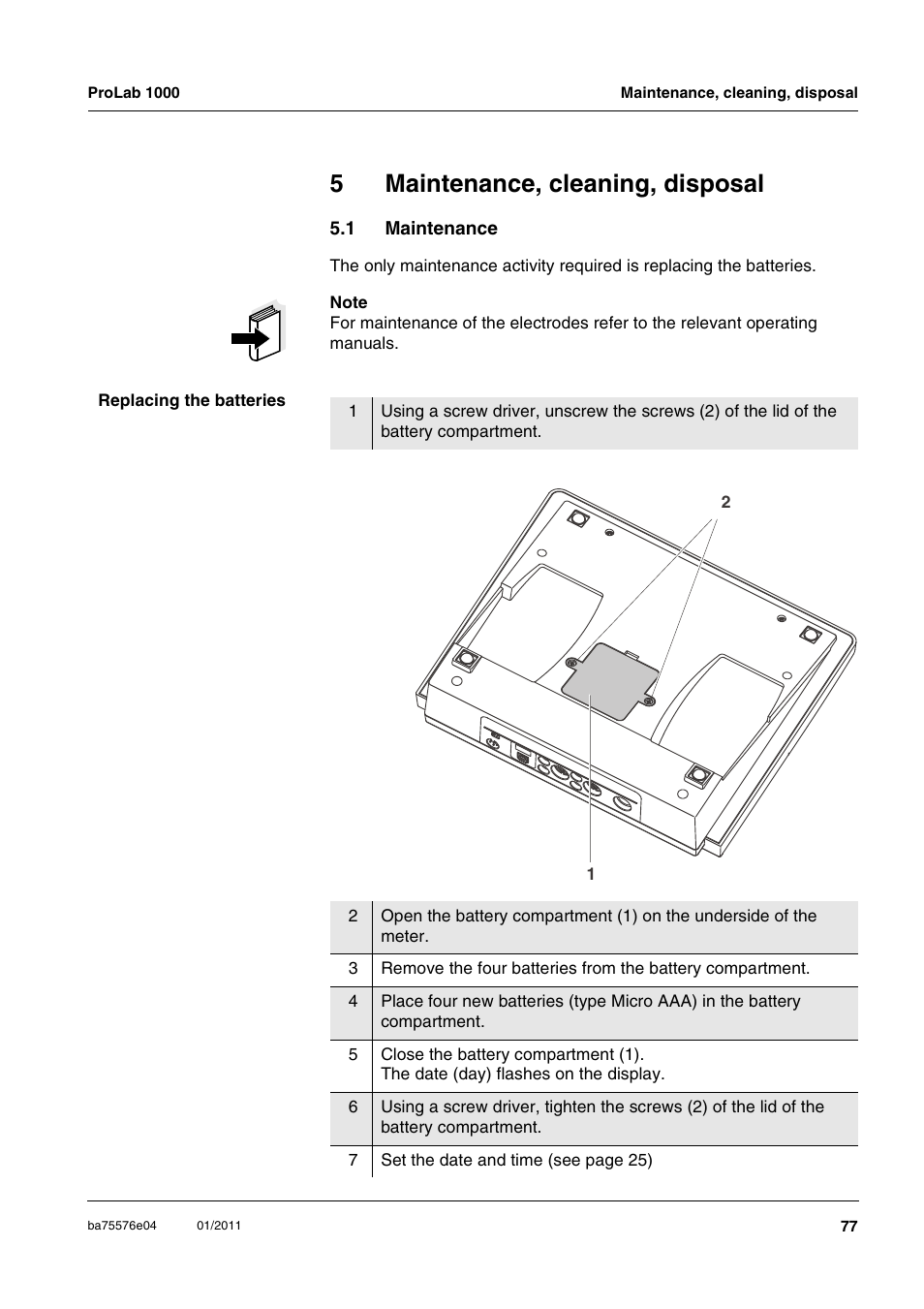 5 maintenance, cleaning, disposal, 1 maintenance, Maintenance, cleaning, disposal | Maintenance, 5maintenance, cleaning, disposal | Xylem ProLab 1000 BENCH TOP pH METER User Manual | Page 77 / 103