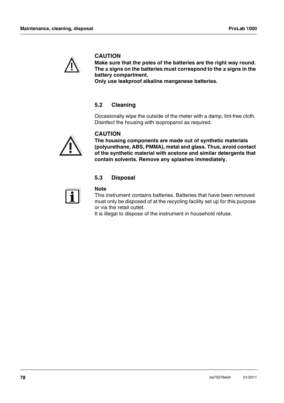 2 cleaning, 3 disposal, Cleaning | Disposal | Xylem ProLab 1000 BENCH TOP pH METER User Manual | Page 78 / 103